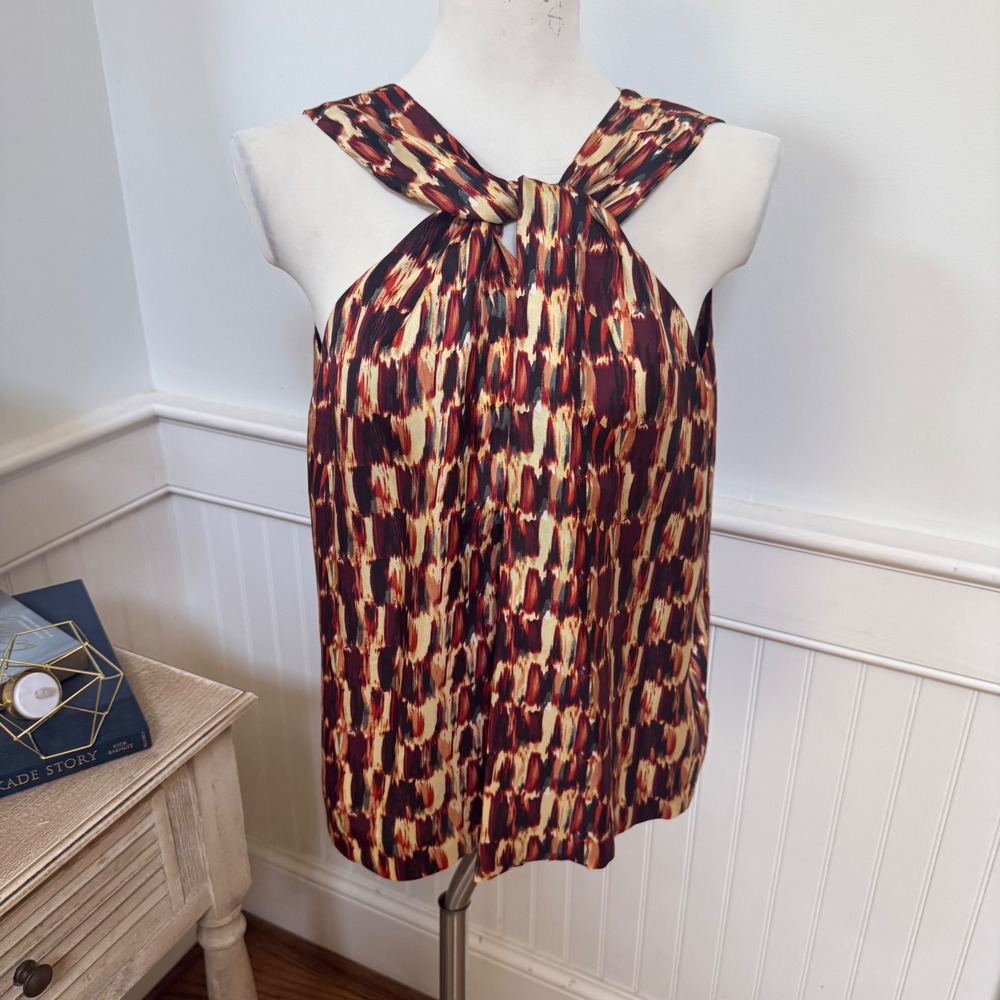Joie Silk Halter Top Burgundy Yellow Ikat Brushstroke Knot Neck Blouse Large
